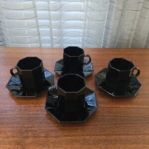 VTG Black Arcoroc Octime France 4 Cups 4 Saucers Tempered Glass